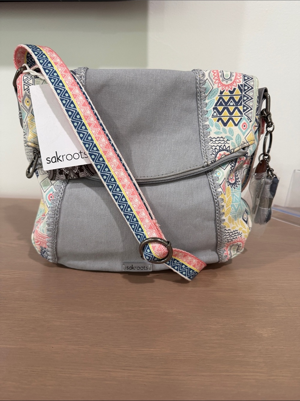 Sakroots Gray/Pastel Multicolor Artistic Circle Flap Over Crossbody Bag